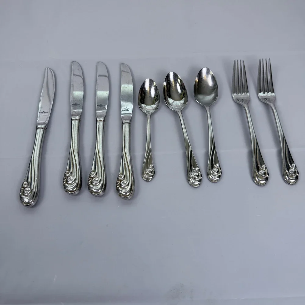 Kirk Stieff 1988 Stainless Steel Flatware 9pc Breakers Pattern Knives Fork Spoon